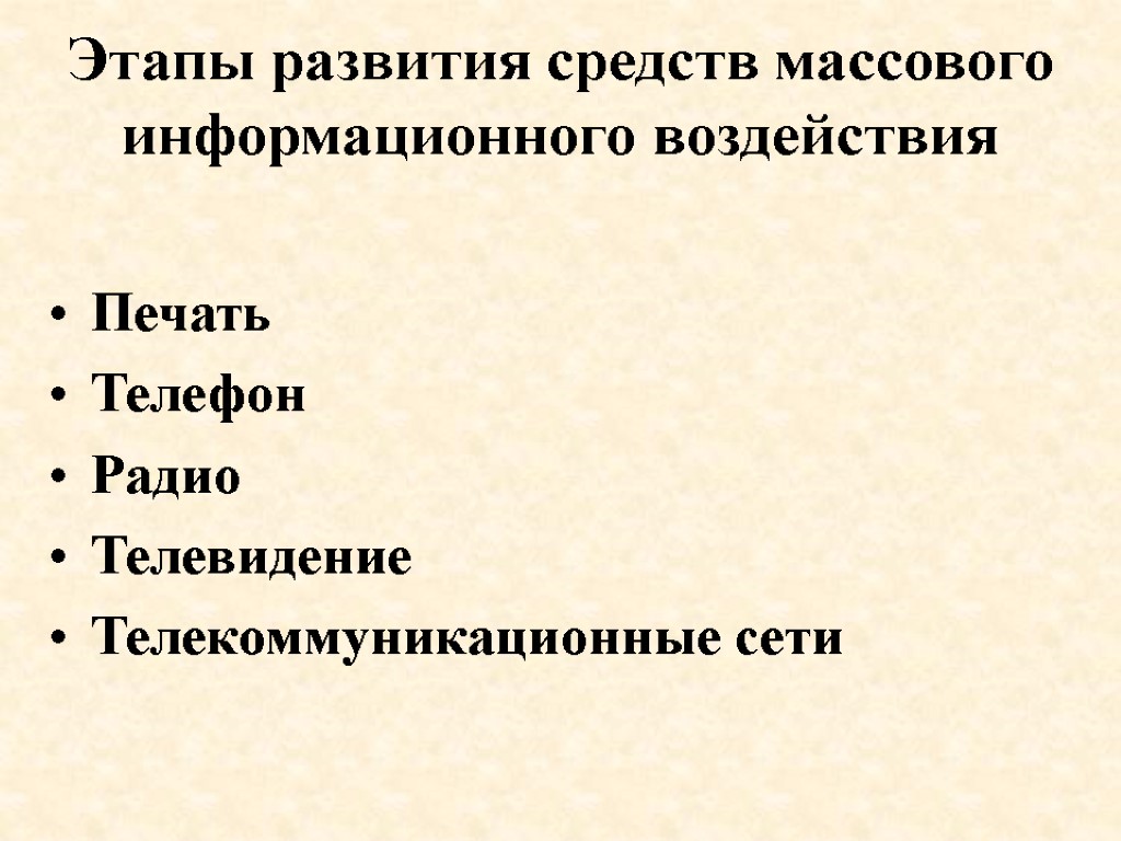 Этапы развития средств массового информационного воздействия Печать Телефон Радио Телевидение Телекоммуникационные сети